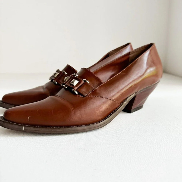 Vintage Leather Tucci Made in Italy Brown Unique Heel Loafers Shoeties 8 - Picture 6 of 15